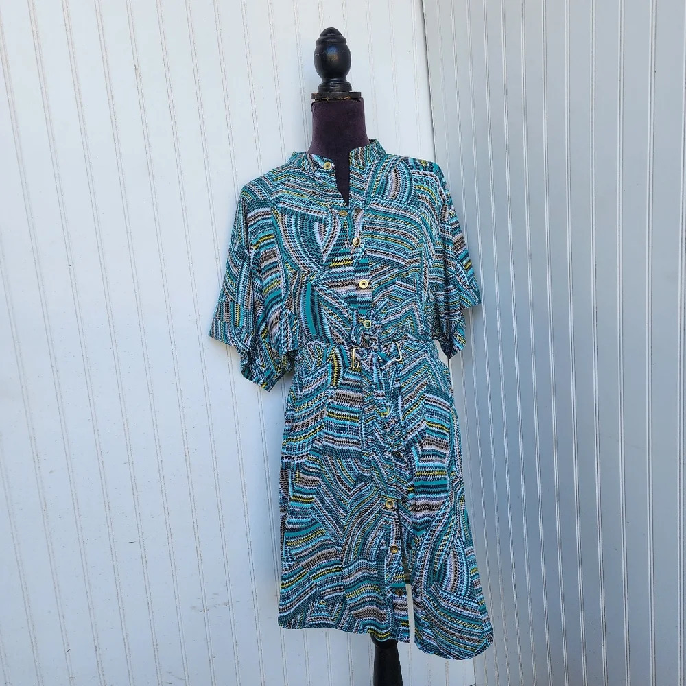 Laundry by Shelli Segal Dress Green Geo Print Stretch Snap Tie Dolman Sleeve M